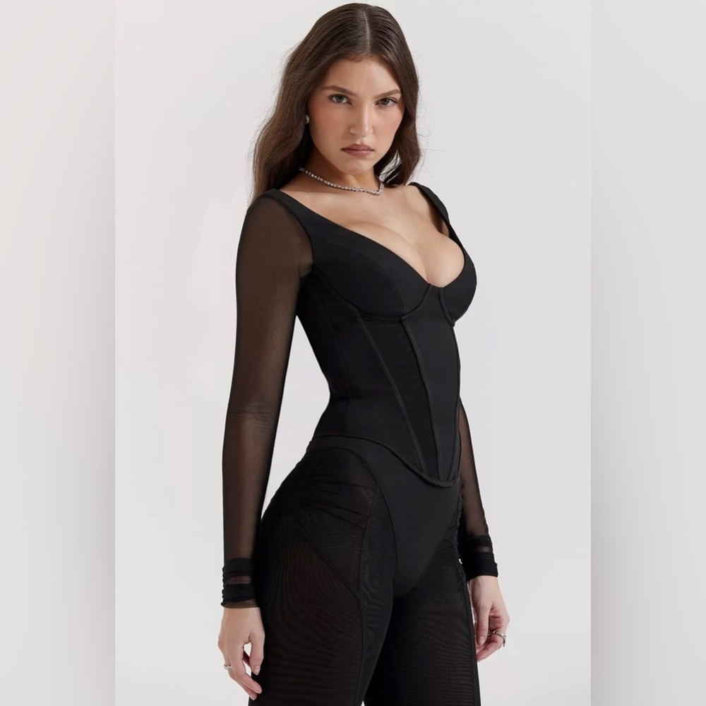 Black Mesh Corset Long Sleeve Top - Picture 4 of 6